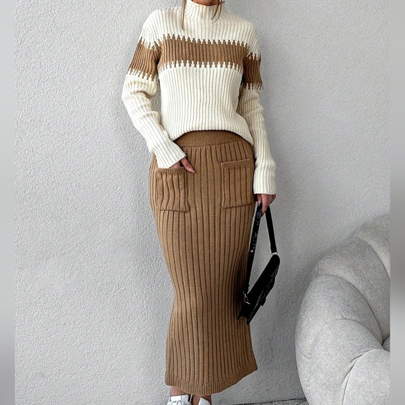 Color Block Mock Neck Sweater & Knit Skirt